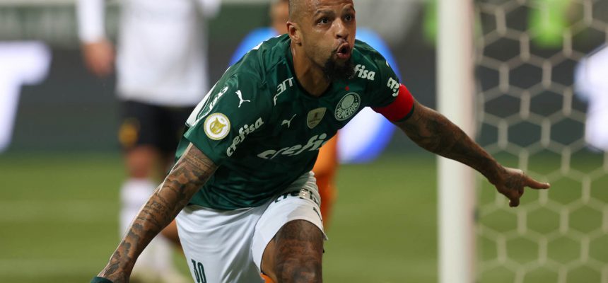 O jogador Felipe Melo, da SE Palmeiras, comemora seu gol contra a equipe do Sport CR, durante partida válida pela vigésima oitava rodada, do Campeonato Brasileiro, Série A, na arena Allianz Parque. (Foto: Cesar Greco)