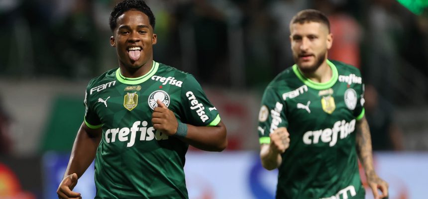 O jogador Endrick, da SE Palmeiras, comemora seu gol contra a equipe do América FC, durante partida válida pela trigésima sexta rodada, do Campeonato Brasileiro, Série A, na arena Allianz Parque. (Foto: Cesar Greco/Palmeiras/by Canon)